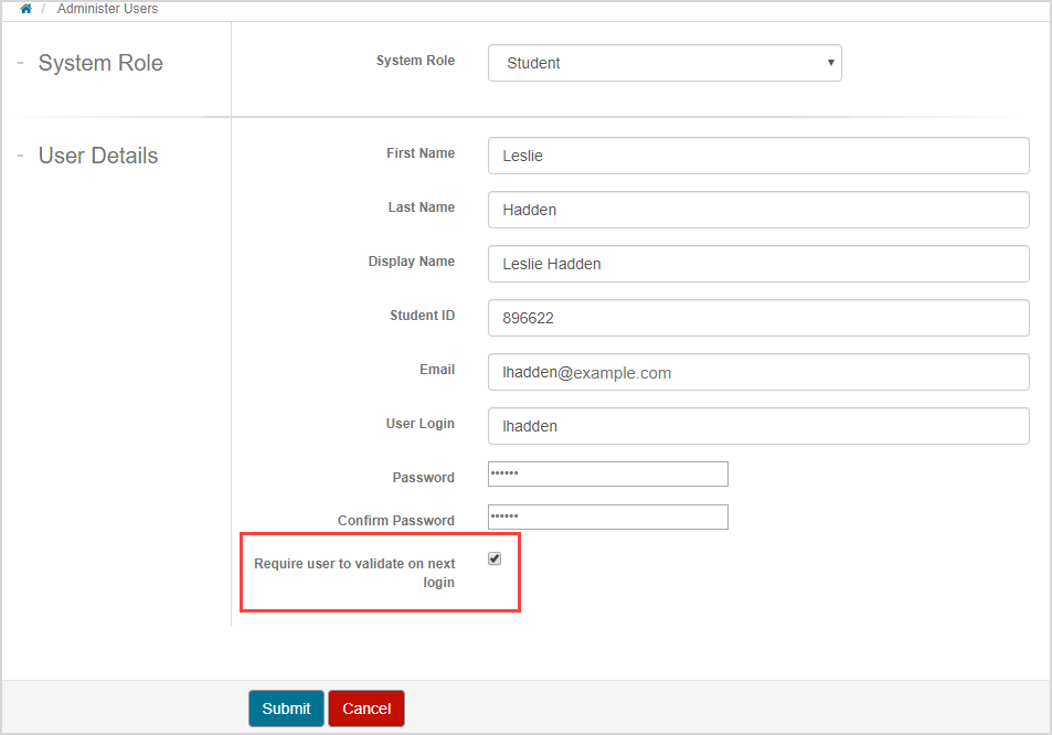 The "Require user to validate on next login" check box is highlighted o the user creation page.